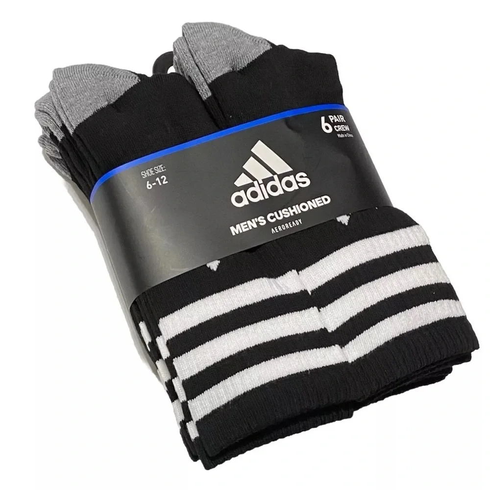 Adidas Men’s Cushioned 3 stripe roller black white crew socks 6 pair pack NEW